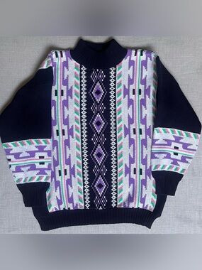 Vintage 80s/90s Clifton Place Geometric Knit Grandpa Sweater - Made in USA - M/L